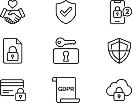 Modern Minimalist Security Trust Icons Set Featuring Handshake, Shield, Locks, Cloud, and Compliance Symbols in Clean