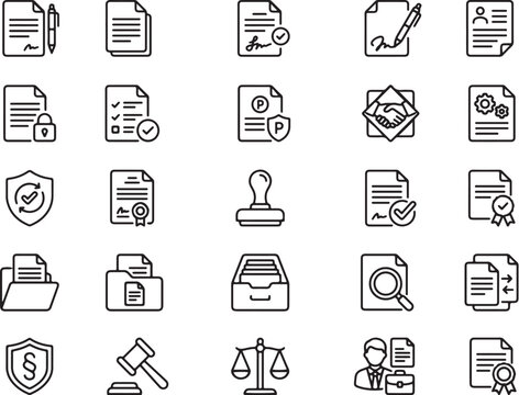 Professional Minimalist Icons Set Featuring Legal Documents, Contracts, Agreements, and Office Workflow Symbols in Clean