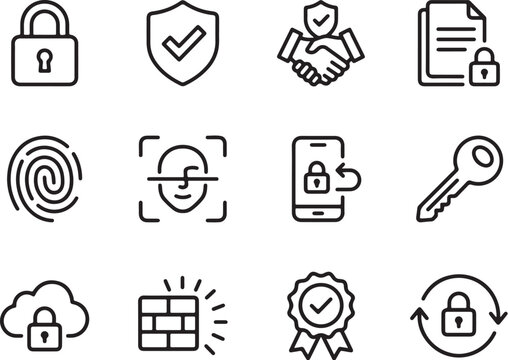 Modern Minimalist Security Icons Set Featuring Locks, Verification, Cloud, Handshake, and Authentication Symbols in Clean