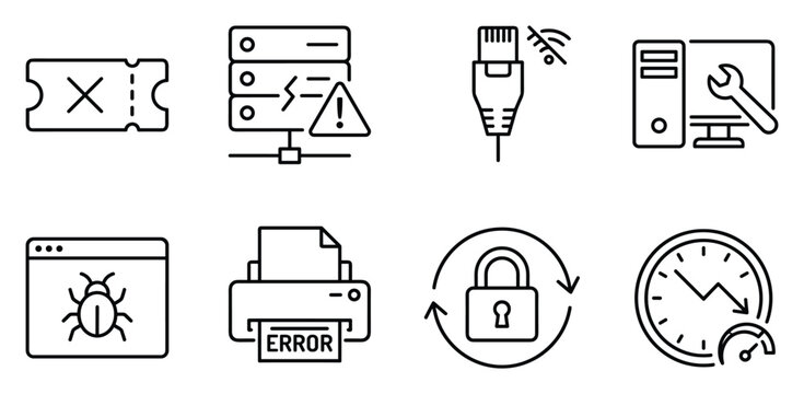 Technology and computer error icons: ticket, server issue, network problem, repair, bug.