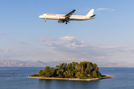 Electra Airways Airbus A321 airplane at Corfu airport in Greece