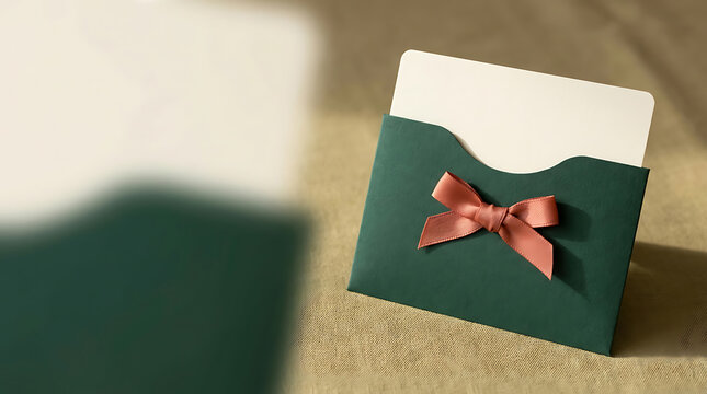Dark green envelope with a soft pink ribbon bow and a blank card insert on textured surface