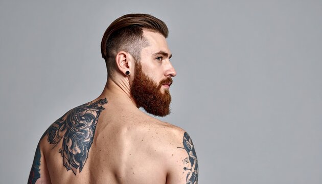 bearded man with tattoo standing looking back on gray background