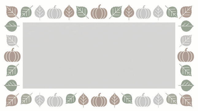 Minimalist Scandinavian style flat vector rectangular frame of birch leaves and geometric pumpkins, Halloween banner template with copy space