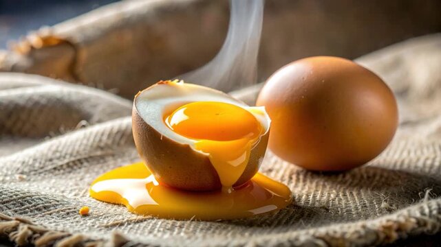 A macro shot of a cracked soft-boiled egg with dripping yolk, steam, and an egg