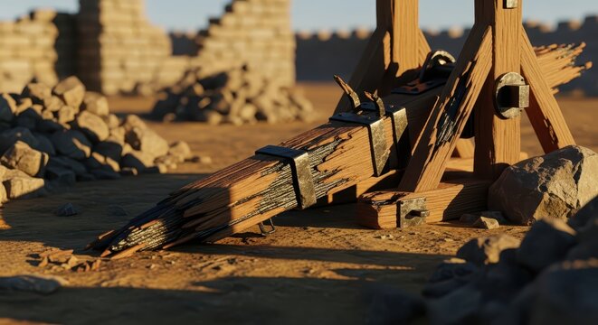 Close-up of an ancient wooden catapult, siege weapon, in ruins of a stone castle, desert landscape, historical warfare