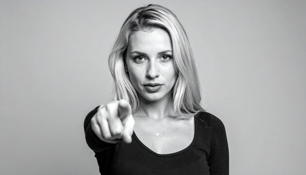 blonde woman pointing at camera black and white