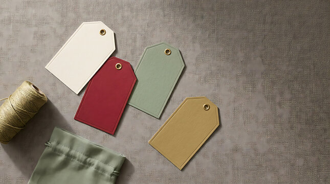 Four blank paper gift tags in cream, red, sage green, and gold with twine and a fabric pouch