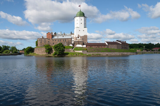 A view of the ancient Vyborg Castle with St. Olaf's Tower on a June morning. Leningrad Region, Russia