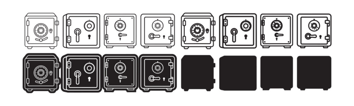 Bank safe box icon set with combination lock dial symbols for secure storage and financial protection vector collection.