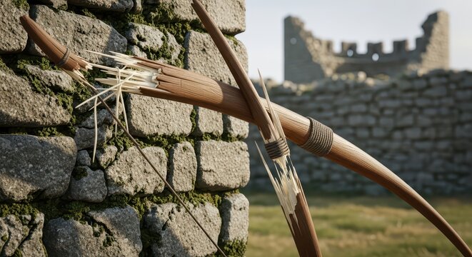 Broken Medieval Wooden Bow and Arrow Leaning Against Ancient Stone Wall Ruins of a Castle