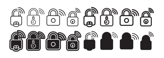 Wireless padlock icons collection, showing digital security, smart home access and connected devices for modern protection and control. © SaHeD
