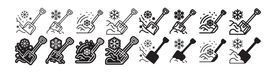 Snow shovel tool icons set with snowflake elements in thin line and solid black vector styles for winter weather clearing. © SaHeD