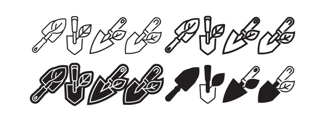 Hand trowel garden shovel icons set with plant leaf accents in thin line and solid black vector styles for horticulture. © SaHeD