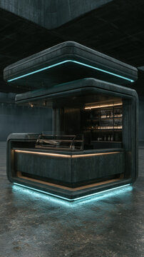 Dark Geometric Display Structure with Cyan Edge Lighting