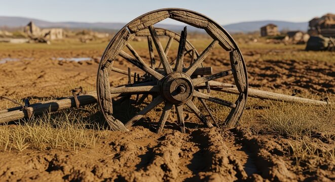 Close-up of an antique wooden wagon wheel resting in a muddy field with ruins in the background, evoking a sense of history and abandonment