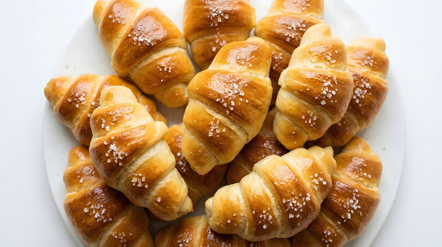 A pile of golden Japanese shio pan salted butter rolls on a white plate.