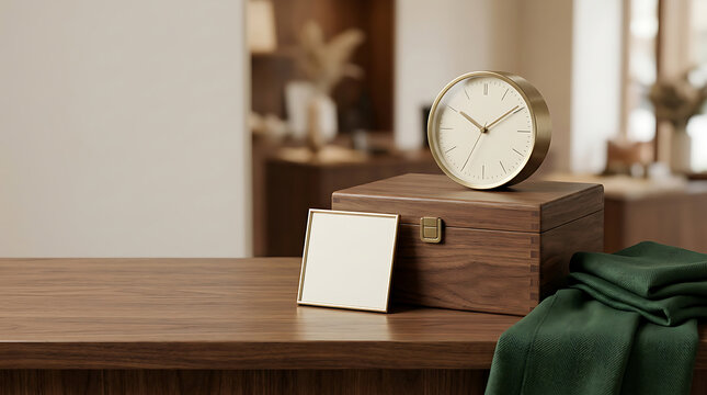 Round gold wall clock on wooden box with green napkin and empty frame on walnut tabletop