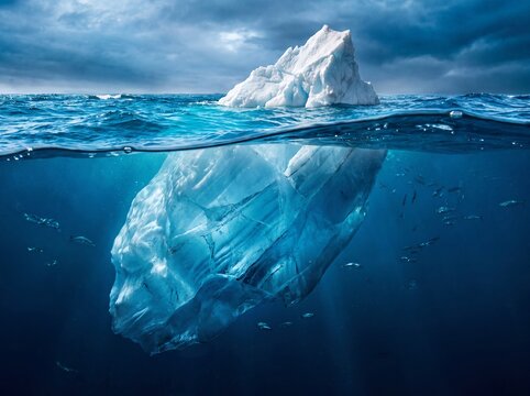 An iceberg reveals both tip and underwater mass in a split-level view &mdash; the visible and hidden iceberg as a visual truth. Ideal for environment, climate, science, and landscape editorial.