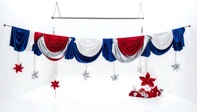 Red White and Blue Patriotic Swag Drapes with Hanging Star Decorations.