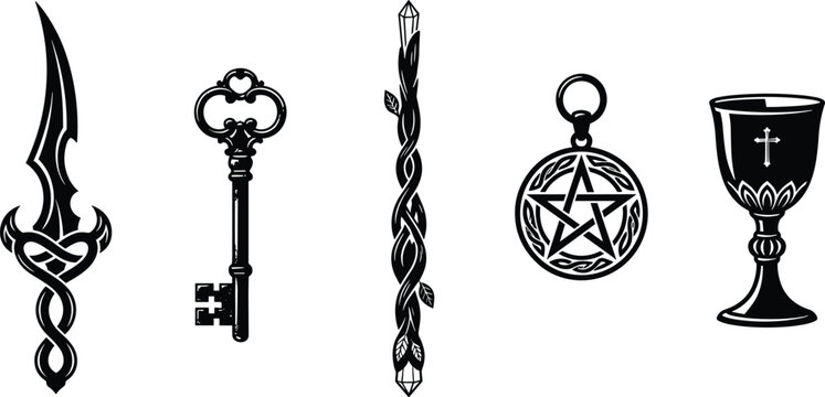 Mystical occult and tarot ritual vector icon set featuring athame dagger skeleton key wand pentacle and chalice