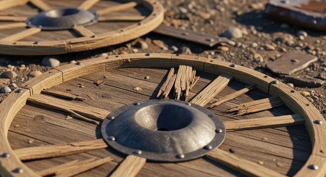 Closeup of ancient weathered wooden cartwheels with metal hubs lying on dry ground, historical artifact detail
