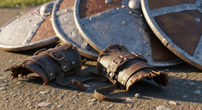 Close-up of worn leather bracers and medieval shields on rough ground, historical reenactment or fantasy battle gear