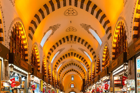 Istanbul, Turkey: May 18, 2026: Architectural ceiling details, arches and windows of historical spice bazaar (mısır &ccedil;arşısı) in istanbul, turkey