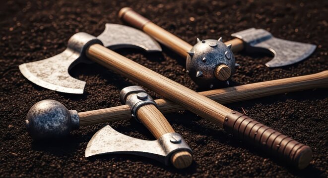 Collection of medieval battle axes and maces laid out on dark soil, symbolizing war, history, and fantasy combat