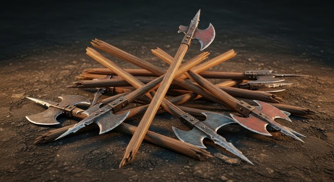 Collection of Medieval Battle Axes and Wooden Handles on a Dark, Rough Surface
