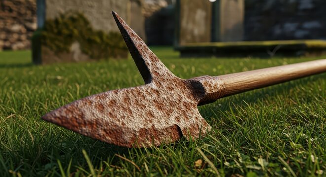 Close-up of an old, rusty medieval battle axe head lying on green grass with weathered wooden handle