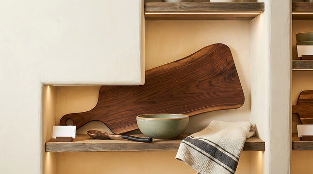Wooden cutting board, ceramic bowl, and striped kitchen towel on shelves in a neutral wall niche