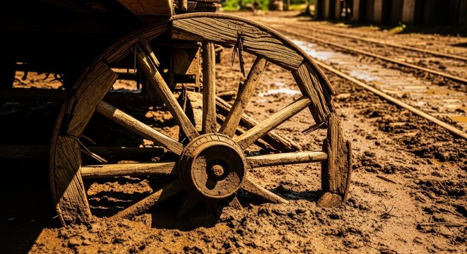 Close-up of an old, weathered wooden wagon wheel resting in muddy terrain next to abandoned train tracks, evoking a sense of history and decay