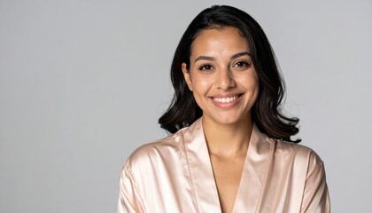 Obraz premium Beauty woman wearing silk robe smiling naturally