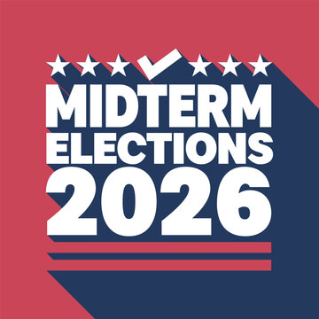 Midterm Elections 2026 typography banner design with check mark, stars, and long shadow vector illustration. Red, blue political campaign vote template for US election poster, card, sticker, badge