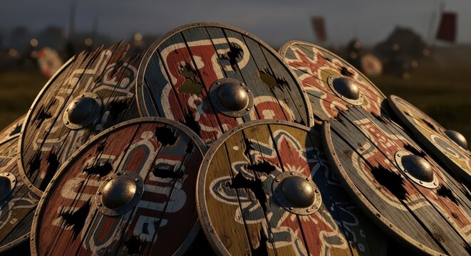 Close-up of a pile of weathered, ornate Viking shields, ready for battle, with a blurred army in the background