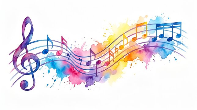 Watercolor Splatter With Flowing Musical Notes On White Background