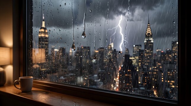 Rainy night view of New York City skyline through a window pane covered in raindrops, cozy room interior with a coffee mug on the sill, thunderstorm with lightning over Manhattan skyscrapers.