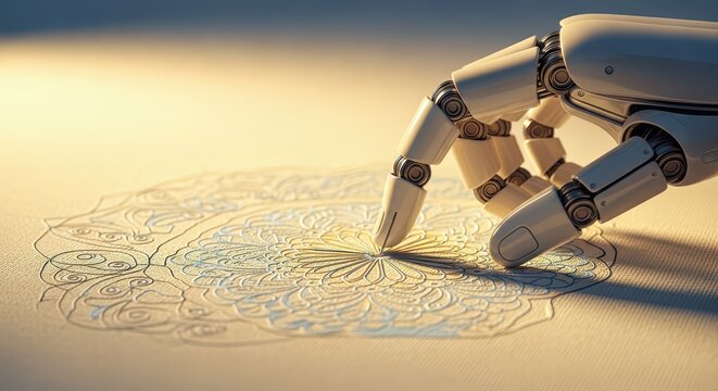 Close-up of a robotic hand delicately drawing an intricate mandala pattern on a textured surface with soft lighting.