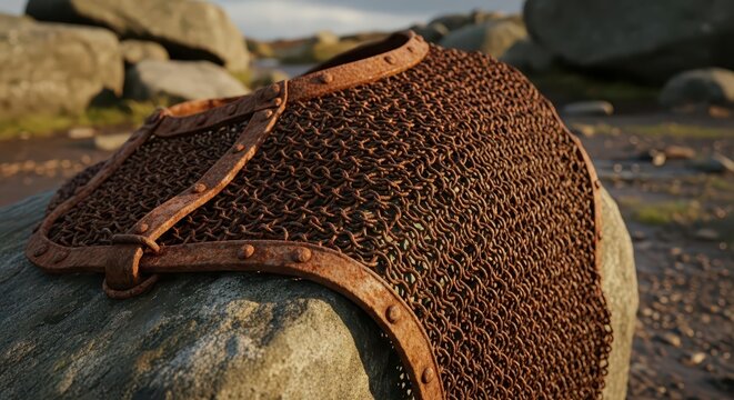 Close-up of a rusted chainmail armor piece resting on a large rock in a rugged, outdoor environment