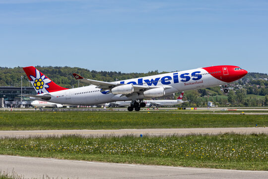 Edelweiss Airbus A340-300 airplane at Zurich airport in Switzerland