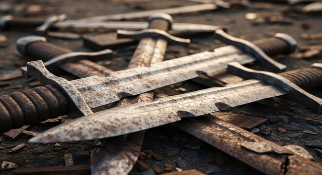 Collection of Rusty Medieval Swords Laying on the Ground, Symbolizing Conflict and Decay