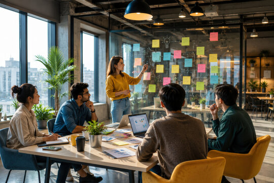 Group of Professionals Analyzing Data on Glass Board around Conference Table