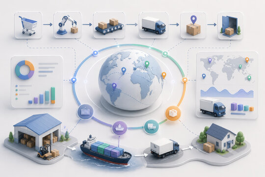 Global Logistics Network 3D Isometric Map with Supply Chain Transportation Modes