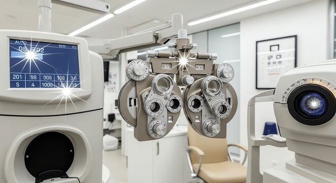 Modern ophthalmology examination equipment in a clean bright optometrist office, featuring a phoropter and autorefractor with lens system, clinical photography style.