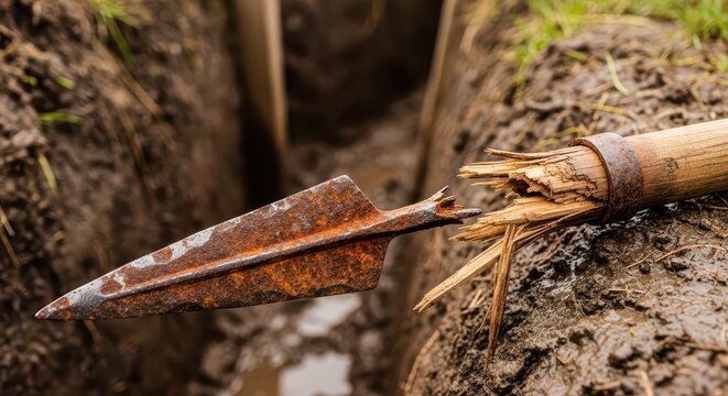 Close-up of a rusty, broken spade lying in a muddy trench, highlighting damage and decay in outdoor work
