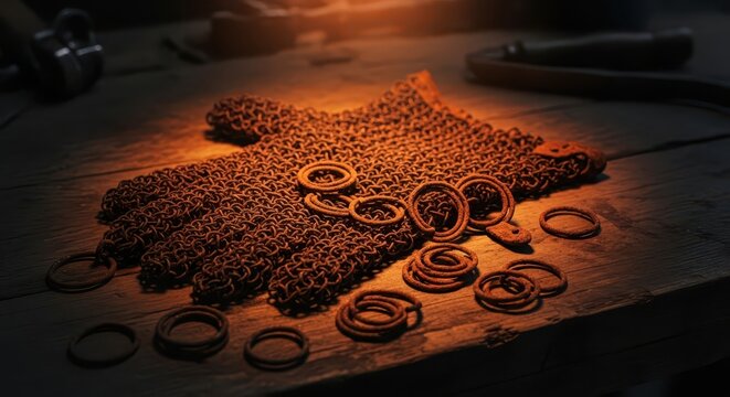 Close-up of a rusty chainmail glove with scattered rings on a rustic wooden workbench, blacksmithing concept