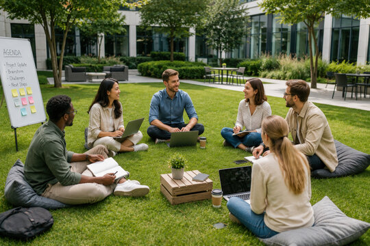 Outdoor Team Workshop on Green Lawn for Corporate Retreats, Collaboration and Employee Development