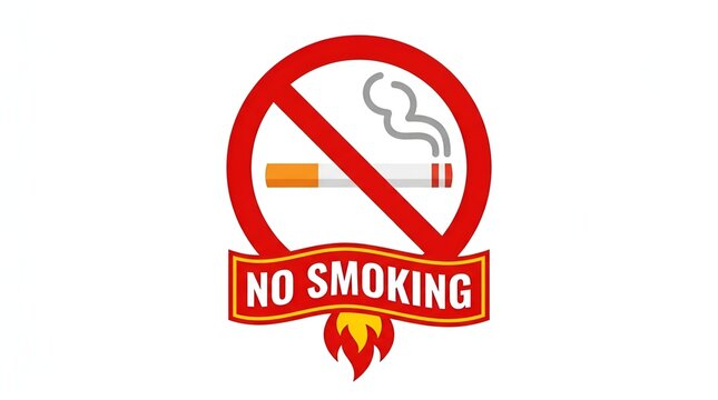 Prohibited No Smoking Sign With Burning Flame On White Background