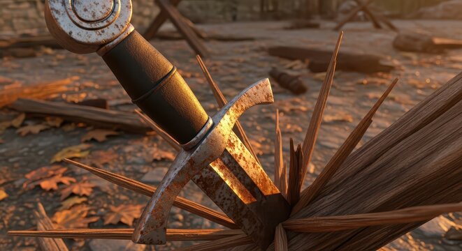 Close-up of a rusty medieval sword impaled in weathered wooden planks on a forest floor with fallen leaves